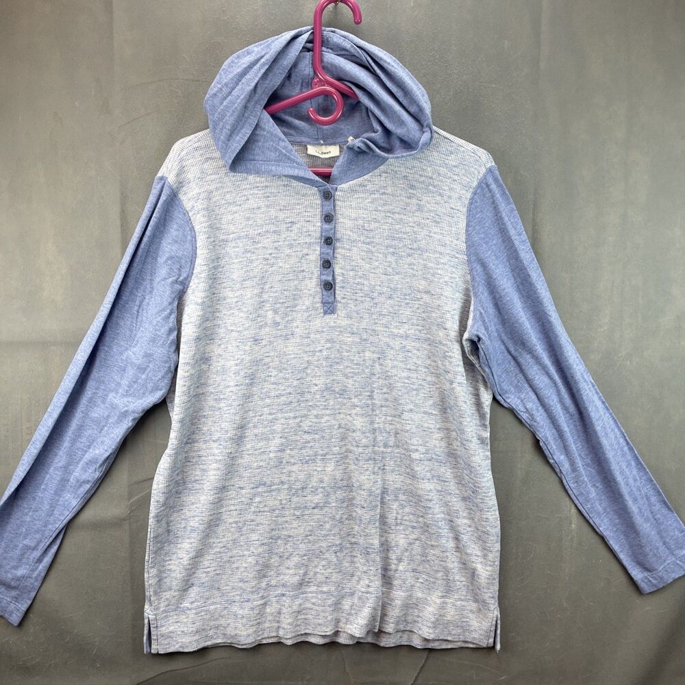 L.L.Bean Hoodie Mens Large Blue/Gray Hooded Henley Pullover Long Sleeve